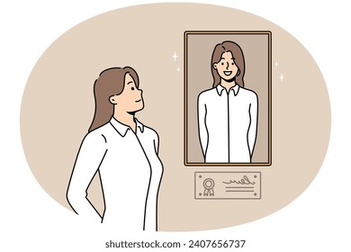 Happy young businesswoman look at picture of herself in frame hanging on wall. Smiling proud woman adore her photo. Pride and self-esteem. Vector illustration.