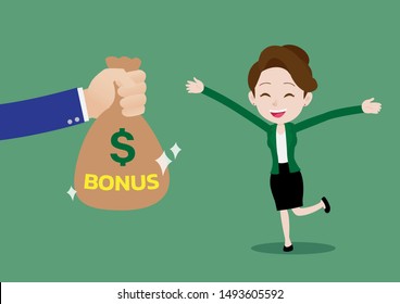 Happy young businesswoman receiving bonus money bag from boss, Cartoon vector illustration