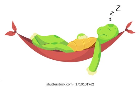 Happy young cartoon turtle lies on the hammock