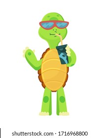 Happy young cartoon turtle stands drinks 
