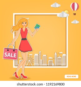 Happy young cartoon women with shopping bags summer sale Shopping around the world. vector, Poster, paper art, banner