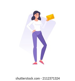 Happy young casual brunette woman holding yellow envelope with paper letter postal delivery new message vector flat illustration. Smiling female posing with incoming out coming document alert