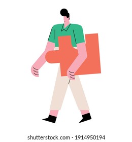 happy young casual man lifting puzzle piece vector illustration design