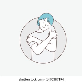 Happy young casual woman hugging herself with natural emotional enjoying face. Love concept by yourself. Hand drawn style vector design illustrations.