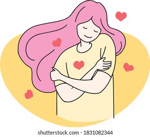 Happy young casual woman hugging herself with natural emotional enjoying face. Love concept by yourself. Hand drawn style vector design illustrations.