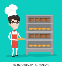 Happy young caucasian baker holding tray of bread in the bakery. Confident male baker standing near bread rack. Smiling baker holding baking tray. Vector flat design illustration. Square layout.