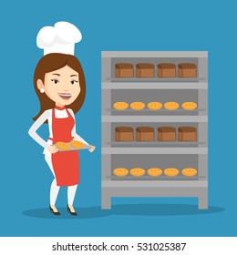 Happy young caucasian baker holding tray of bread in the bakery. Confident female baker standing near bread rack. Smiling baker holding baking tray. Vector flat design illustration. Square layout.