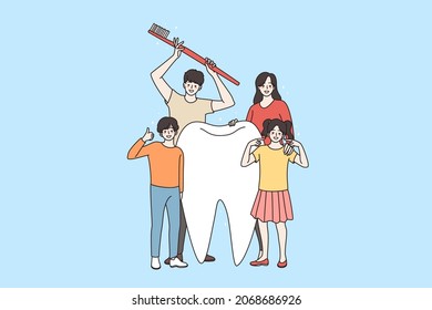 Happy young Caucasian family with children stand next to huge tooth encourage teeth hygiene and care. Smiling parents with kids recommend oral care. Dentist treatment. Flat vector illustration. 