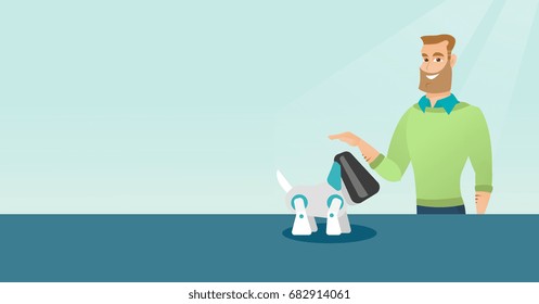 Happy young caucasian man playing with a robotic dog. Hipster man with beard standing near the table with a cyber dog on it. Man stroking a robotic dog. Vector cartoon illustration. Horizontal layout.