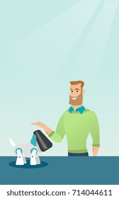 Happy young caucasian man playing with a robotic dog. Hipster man with beard standing near the table with a cyber dog on it. Man stroking a robotic dog. Vector cartoon illustration. Vertical layout.