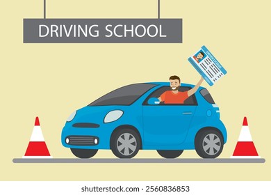 Happy young caucasian man sitting in blue car. driving school. Male character with driver license, Design concept drivers education, flat style vector illustration