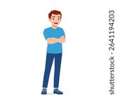 Happy Young Caucasian Man Standing with Arms Crossed in Casual Wear Full Body Illustration