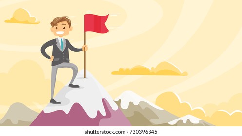 Happy young caucasian white businessman standing on the top of the mountain and holding a red flag. Business leader, success and achievement concept. Vector cartoon illustration. Horizontal layout.