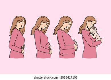 Happy young Caucasian woman in different stages of pregnancy. Smiling female before, during and after childbirth. Maternity and fertility concept. Mother and baby. Flat vector illustration.