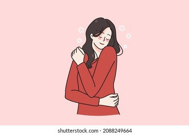 Happy young Caucasian woman hug herself feel secure and self-confident. Smiling millennial girl feel body positive enjoy optimistic leisure or weekend. Positivity concept. Flat vector illustration. 