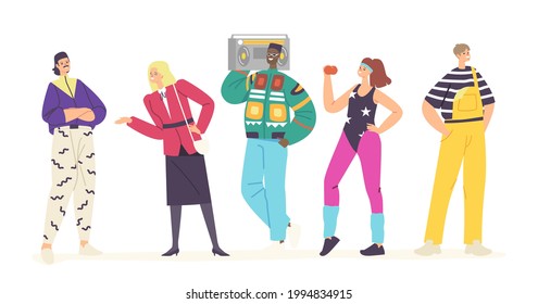 Happy Young Characters in 80s 90s Fashion Style Clothes and Hairstyle Dancing Disco, Training, Listen Music with Tape Recorder. Stylish Men and Women Retro Party. Cartoon People Vector Illustration