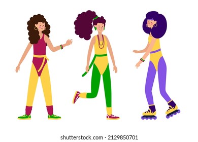 Happy Young Characters girls in Fashionable clothes leggings and swimsuits and hairstyles of the 80s-90s Stylish Retro Women's party. Vector Illustration Of Cartoon 