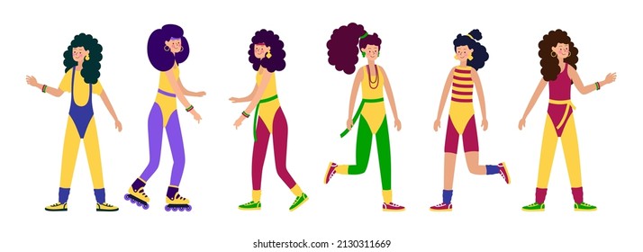 Happy Young Characters girls in Fashionable clothes leggings and swimsuits and hairstyles of the 80s-90s Stylish Retro Women's party. Vector Illustration 