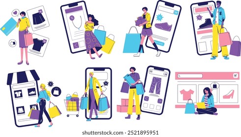 Happy young characters shopping online during promotional ecommerce sales on smartphones