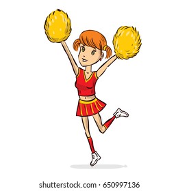 Happy young cheerleader girl jumping With Pom-poms on red uniform. Hand drawn cartoon illustration.