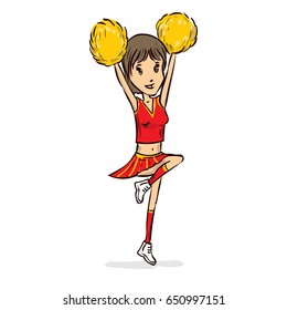 Happy young cheerleader girl jumping With Pom-poms on red uniform. Hand drawn cartoon illustration.
