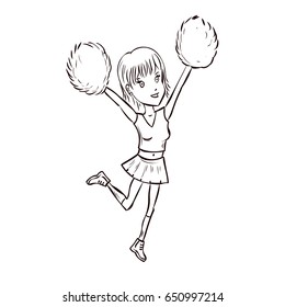 Happy young cheerleader girl jumping With Pom-poms on red uniform. Hand drawn cartoon illustration.