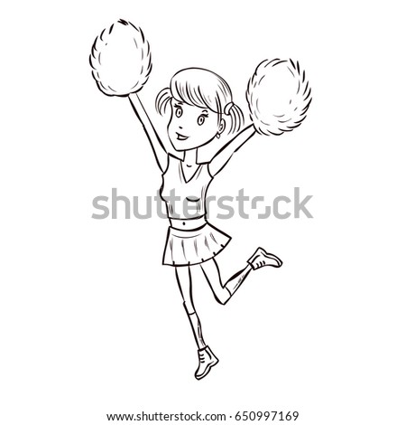 Happy Young Cheerleader Girl Jumping With Pom Poms On Red Uniform Hand Drawn Cartoon Happy Young Cheerleader Girl Jumping With Pom Poms On Red Uniform Hand Drawn Cartoon
