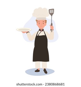 Happy Young Chef in Apron and Hat Serving Dish. Flat vector cartoon illustration