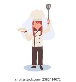 Happy Young Chef in Apron and Hat Serving Dish. Flat vector cartoon illustration