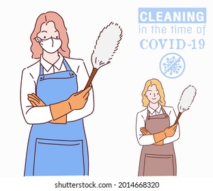 Happy young cleaning woman in apron with dust cleaning brush. Cleaning in the time of coronavirus, infection control concept. Hand drawn thin line style, vector illustrations. A Mask can be removable