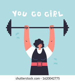 Happy young confiden woman with barbell.Profesional sportsman.Girl power.Feminism concept.You go girl lettering.Flat cartoon character isolated on white background.Colorful vector illustration.