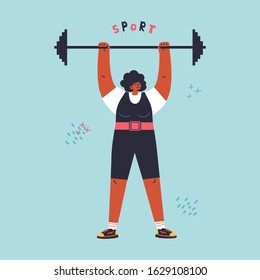 Happy young confiden woman with barbell.Profesional sportsman.Girl power.Feminism concept.Sport lettering.Flat cartoon character isolated on white background.Colorful vector illustration.