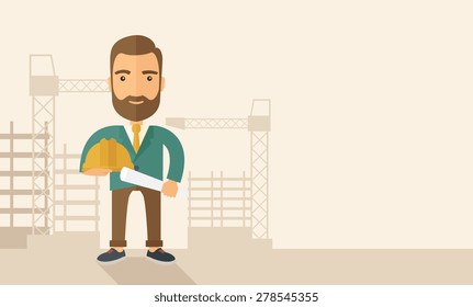 A happy young construction worker holding hard hat and blueprint plan. A Contemporary style with pastel palette, soft beige tinted background. Vector flat design illustration. Horizontal layout with