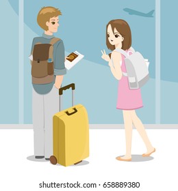 happy young couple with bags at airport and holding passport in hand 
