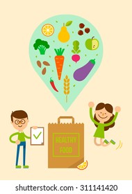 Happy young couple boy and girl with a shopping bag filled with healthy food - vegetables, fruits, nuts, cereal products. Flat style vector design.