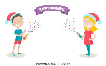 Happy young couple boy and girl in the hats of Santa Claus holds Confetti Fountains. Isolated on white background. Christmas Holiday vector illustration flat style for greeting card, poster, banner.