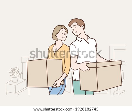 Happy young couple with cardboard boxes in their new house. Hand drawn style vector design illustrations.