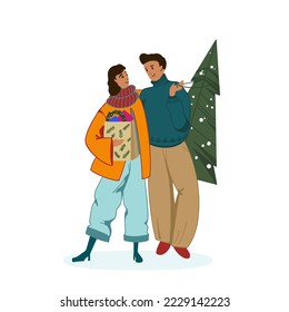 Happy young couple carrying shopping bag with Christmas gifts and pine tree. Merry woman and man with New Year presents for winter holidays. Flat vector illustration. Isolated