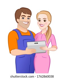 Happy Young Couple. Cartoon young male and female characters which are standing together and hugging close to each other, holding computer tablet and looking directly at us.
