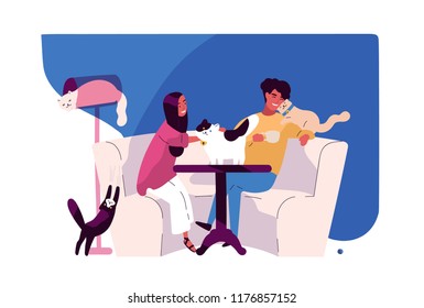 Happy young couple at cat cafe. Smiling man and woman sitting at table surrounded by cute adorable pet animals, watching them and fondling. Colorful vector illustration in flat cartoon style.