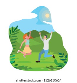 happy young couple celebrating in the camp vector illustration design