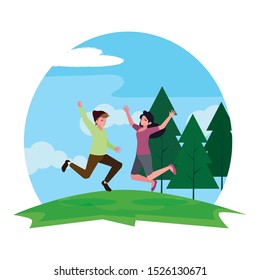 happy young couple celebrating in the camp vector illustration design