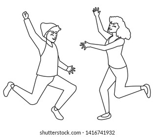 happy young couple celebrating characters