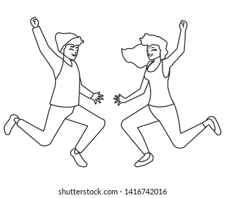 happy young couple celebrating characters
