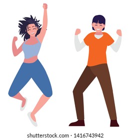 happy young couple celebrating characters