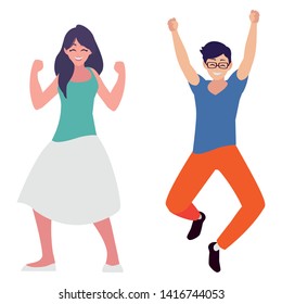 happy young couple celebrating characters