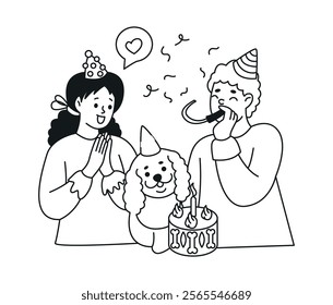 Happy young couple celebrating dog birthday linear icon. Childfree family showing love to pet doodle characters doodle thin line illustration