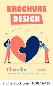 Happy young couple connecting heart halves. Puzzle, jigsaw, dating flat vector illustration. Love, relationship, romance concept for banner, website design or landing web page