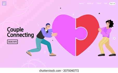 Happy young couple connecting heart halves. Puzzle, jigsaw, dating. Valentine's Day. Man and woman lovers connecting halves of big red heart feeling in love one family vector illustration.