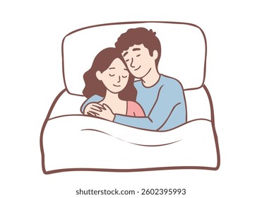 Happy young couple cuddle embrace in bed. Happy man and woman hug relax in bedroom. Hand drawn style vector design illustrations.